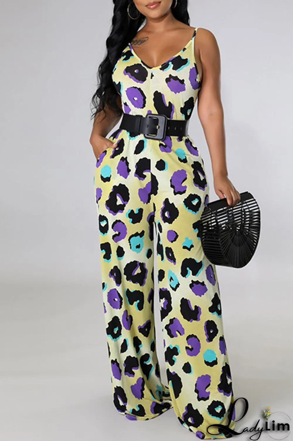 Blue Casual Print Split Joint Spaghetti Strap Straight Jumpsuits