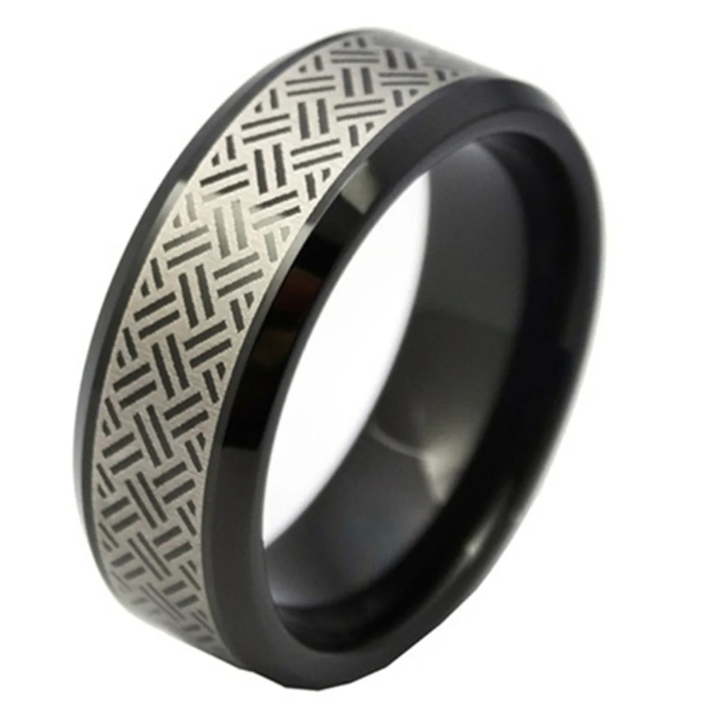 6MM 8MM Black Celtic Tungsten Mens Wedding Bands Beveled Edge