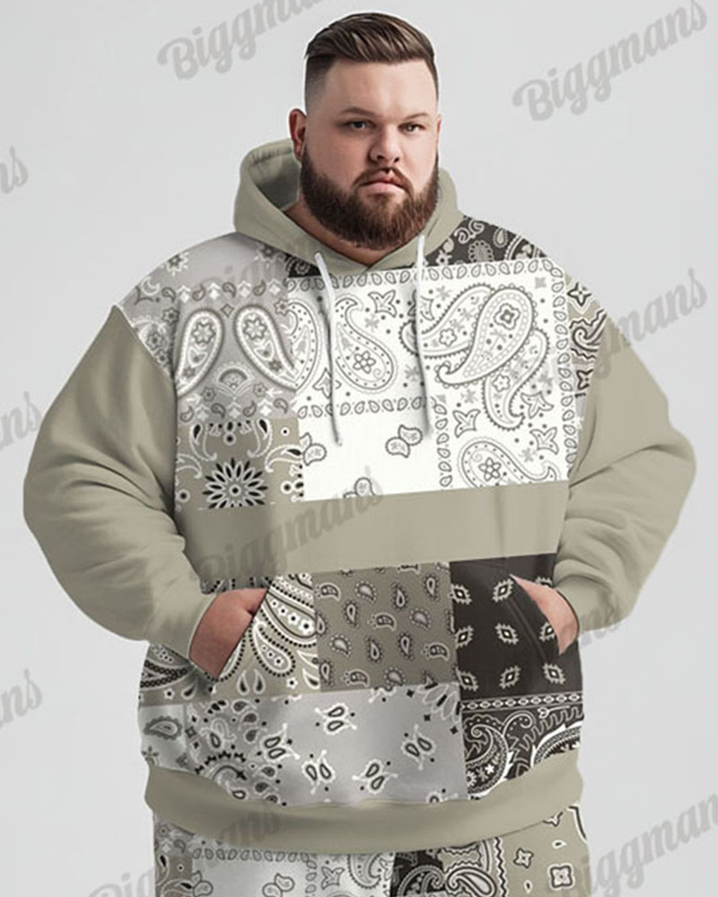 Men's Street Fashion Versatile Simple Paisley Patching Printed Plus Size Hoodie Set