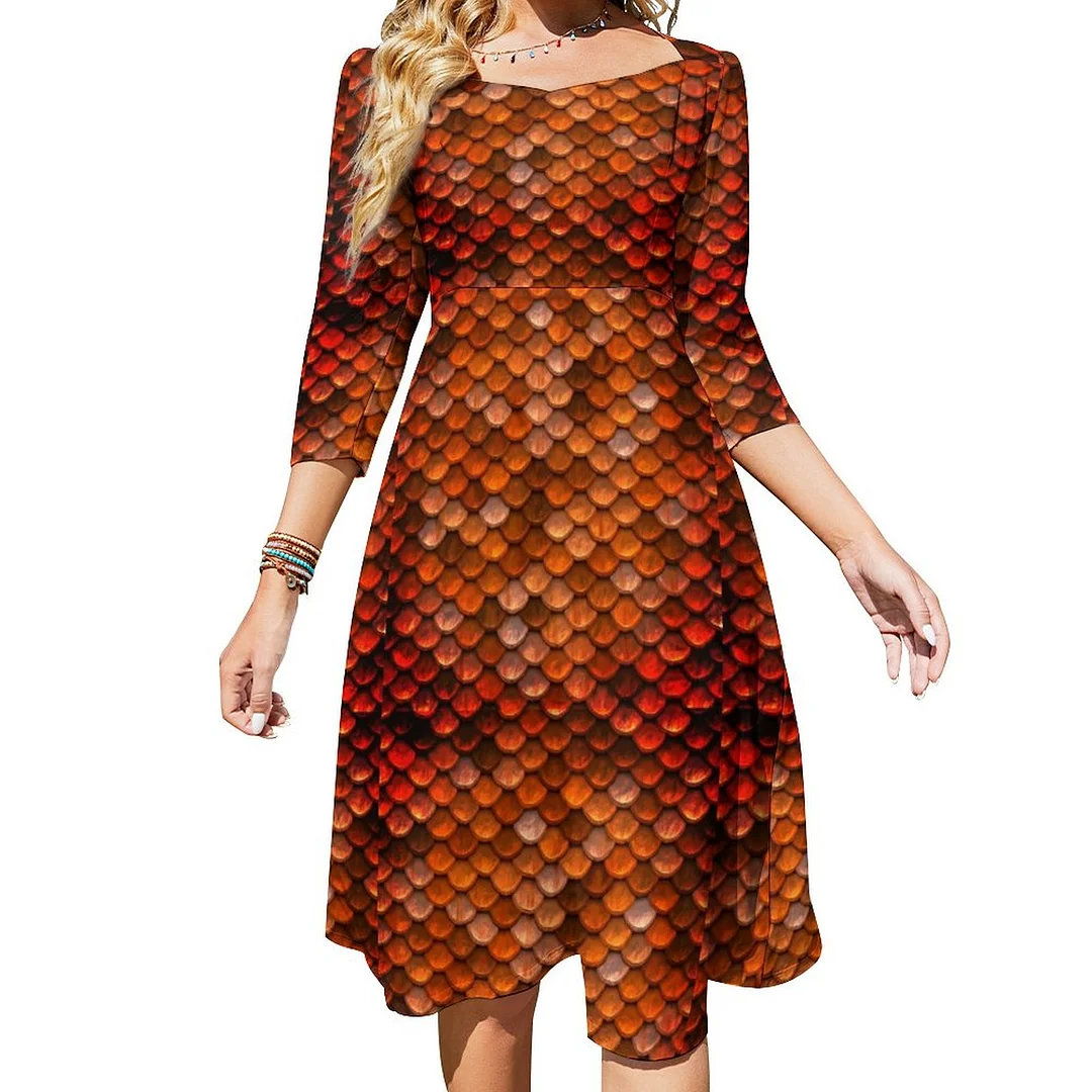 Bronze Mother Of Dragons Dragon Scale Dress Sweetheart Tie Back Flared 3/4 Sleeve Midi Dresses