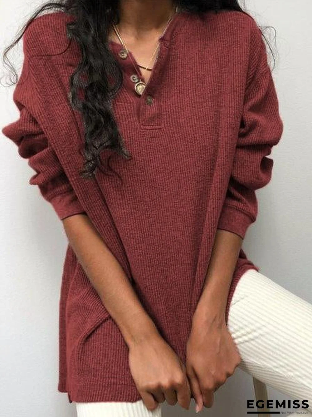 Casual Plain V Neck Shirts & Tops | EGEMISS