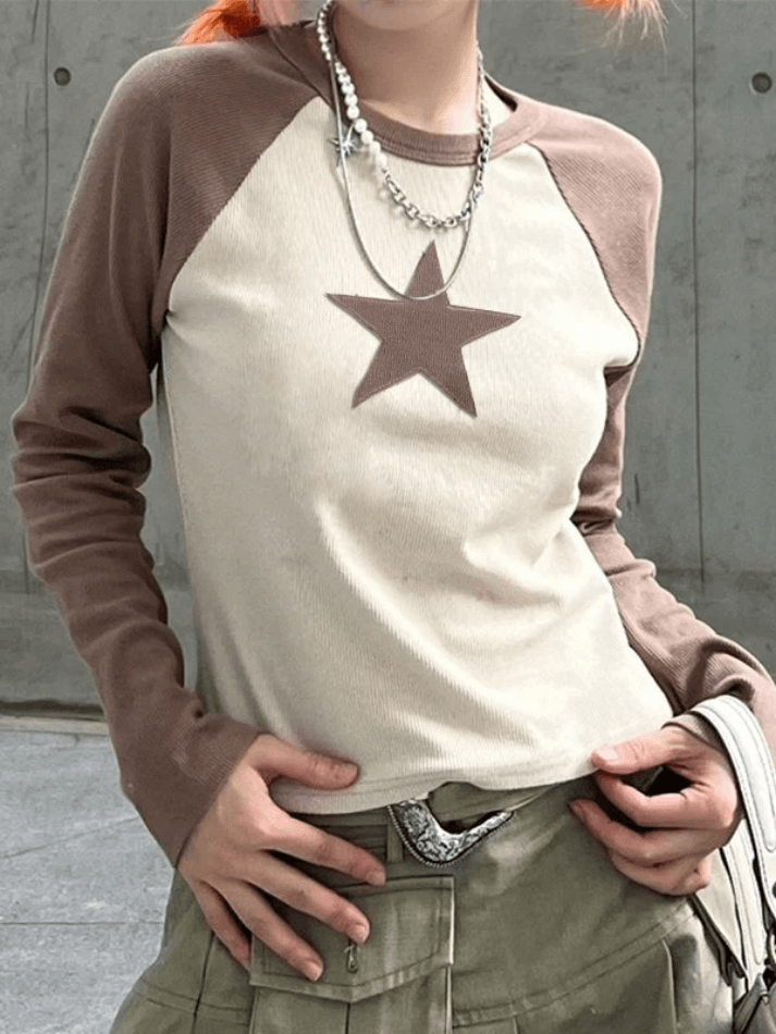 Raglan Sleeve Star Patch Knit Crop Top
