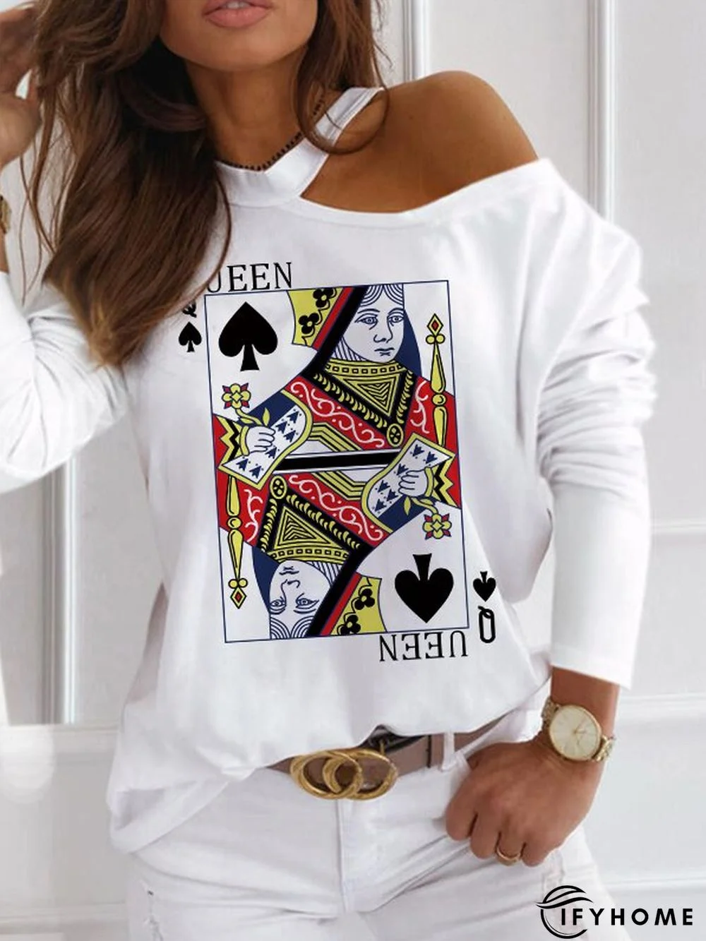 Long Sleeve Printed Casual One Shoulder T-shirt | IFYHOME