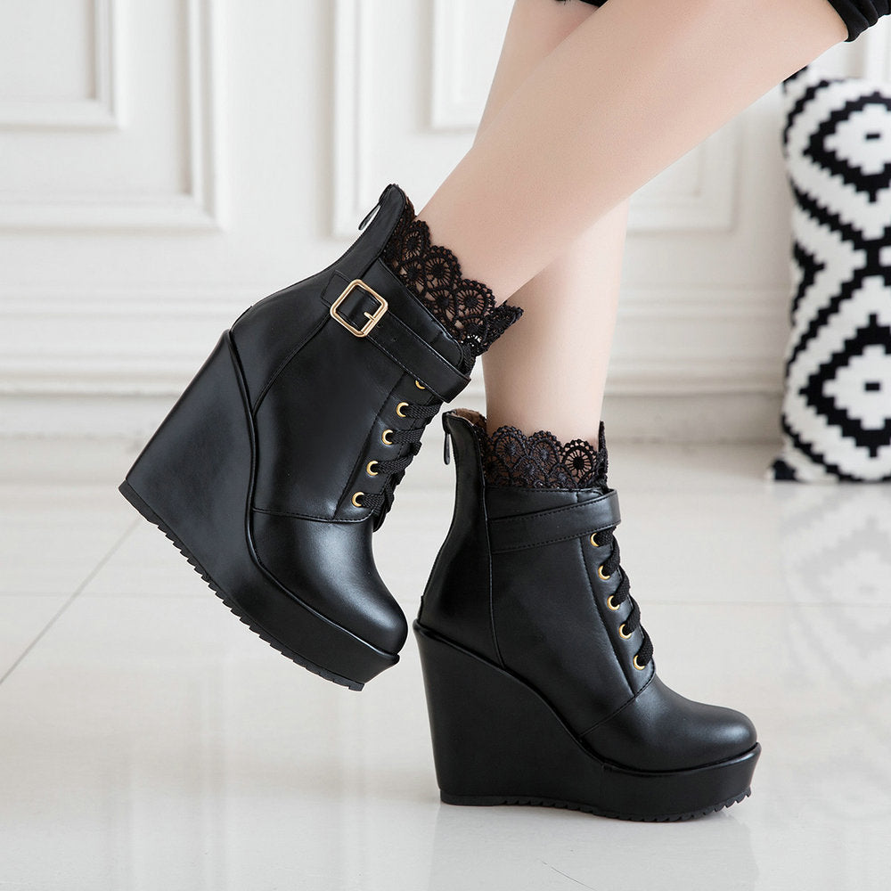 Floral lace stitching trim wedge heel ankle boots for women Lace-up wedge combat booties