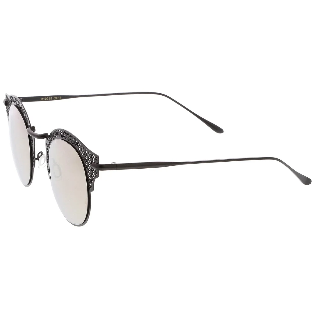 Women's Open Metal Cutout Slim Arm Round Flat Lens Half Frame glasses 50mm