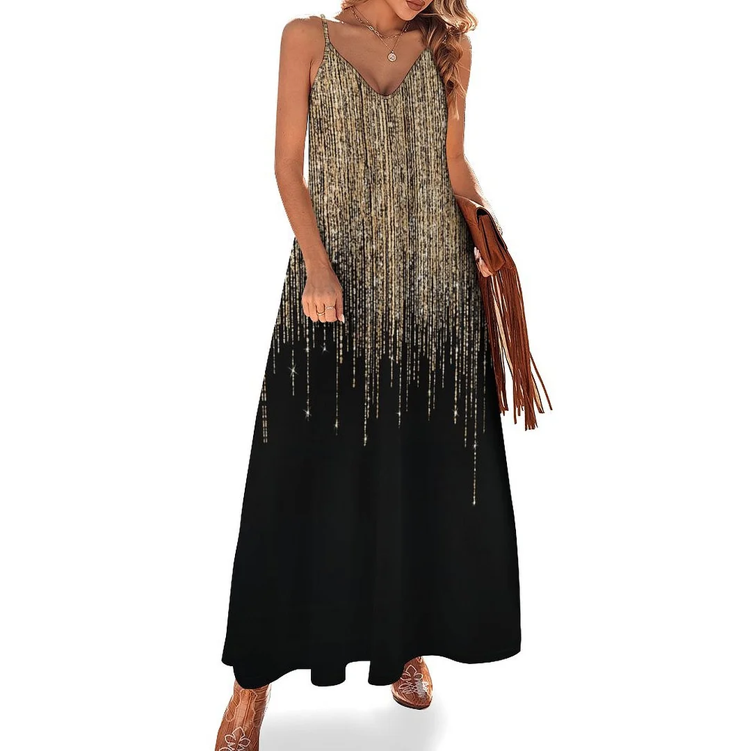 Style & Comfort for Mature Women Plus Size Printed Sling Casual Women Maxi Dress in Pattern Glitter, Black, Golden