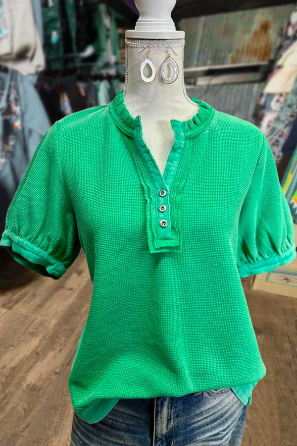 Solid Button Up Slit Neck Top