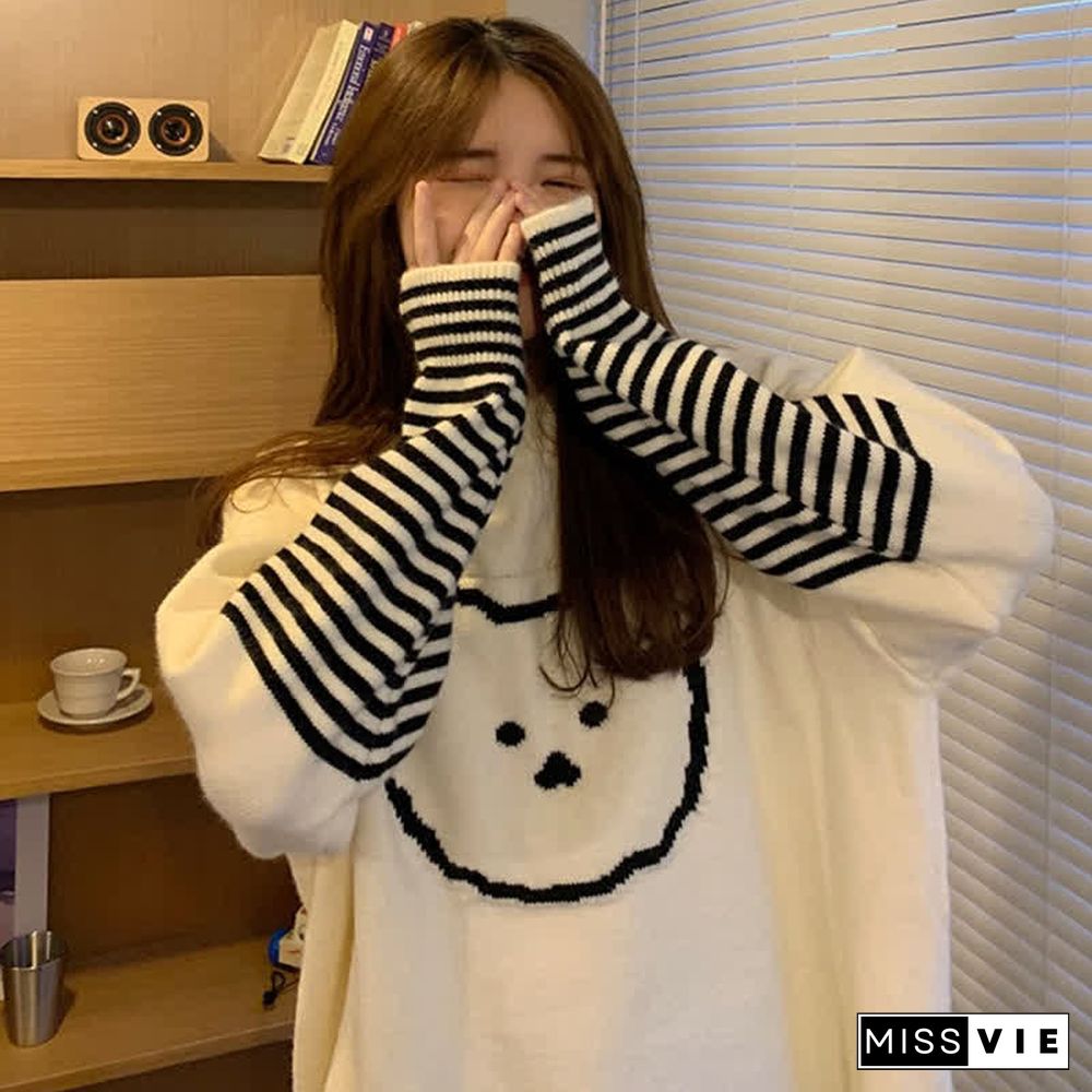 Cartoon Bear Pattern Stripe Sleeve Knit Sweater