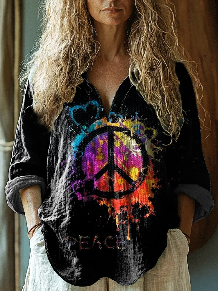 Women's Peace Heart Hippie Graphic Art Print Casual Linen V-neck Shirt