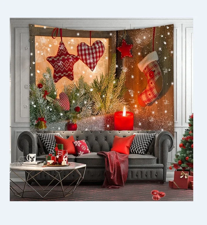 Christmas Tree Print Tapestry Wall Hanging Background Cloth Decor Red Santa Claus Polyester Tapestry Home Room Wall Decoration