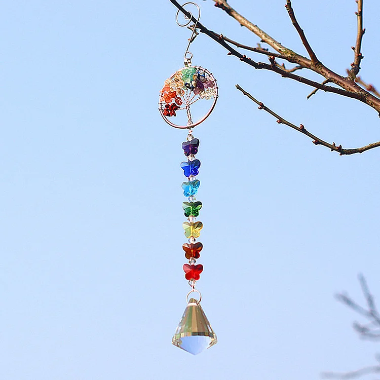 Colorful Beads Crystal Pendant Life Tree Hanging Drops Wind Chime Decor (C)