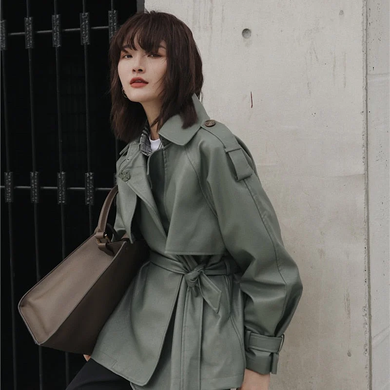 FTLZZ Spring Autumn 2021 Women New Casual Lapel Pu Jacket Coat Simplicity Loose Leather Jacket with Belt Office Lady