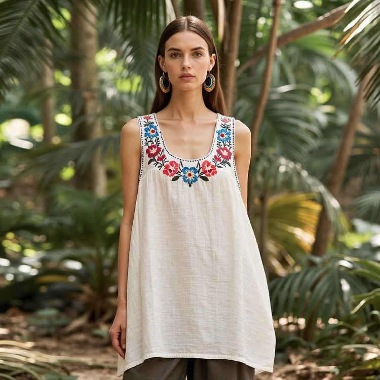 Vintage Bohemian Ethnic Art Linen Top