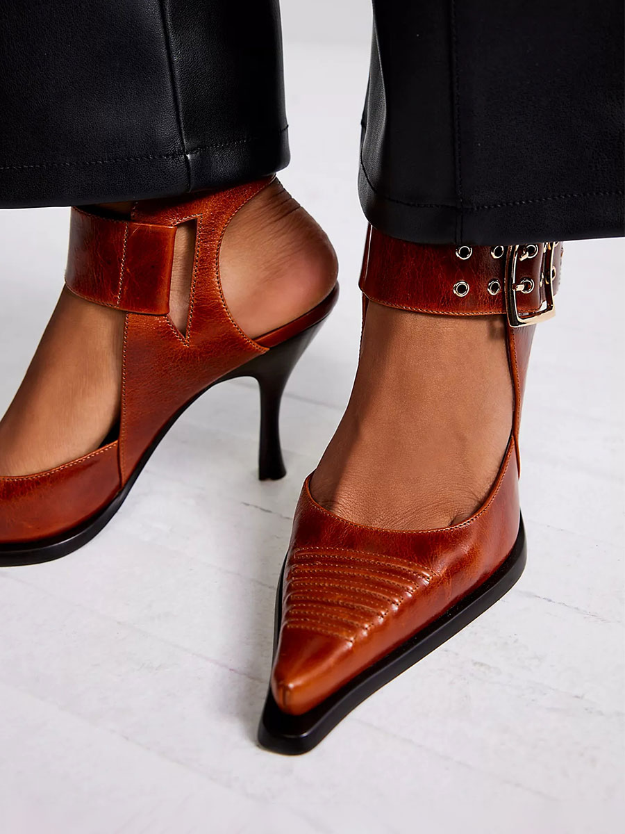 Tan Pointed Toe Stiletto Heel Buckle Ankle Strap Pumps for Women