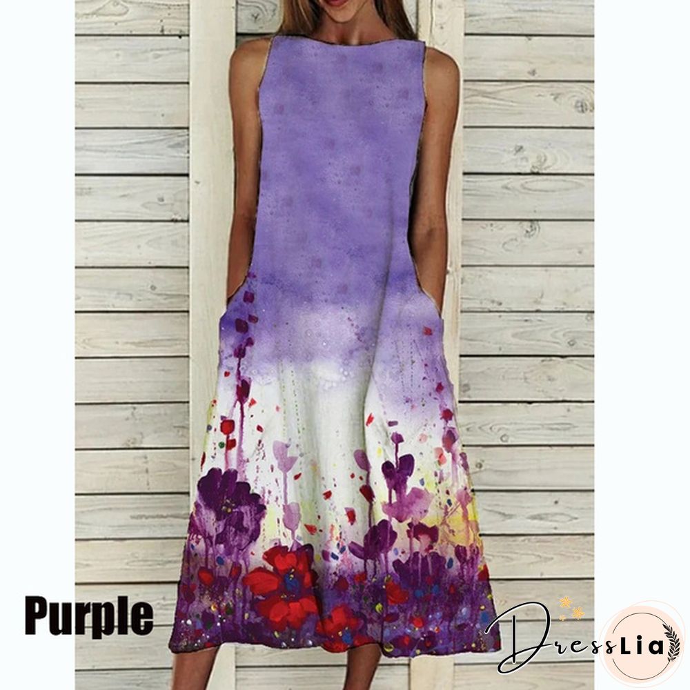 XS-5XL Plus Size Fashion Women Summer Casual Tops Elegant Sleeveless Print A-Line Dress Round Neck Casual Party Dresses Girls Sweet Dress