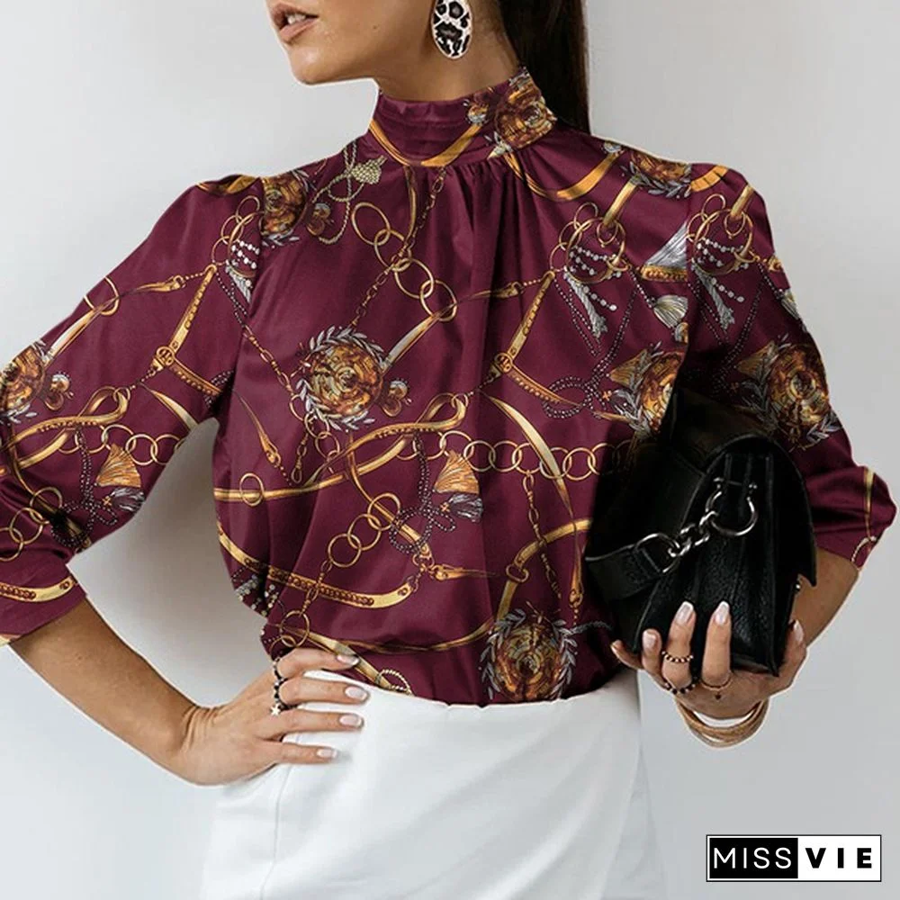 Women Long Sleeve High Collar Blouse Chain Printed Office Casual Elegant Shirt Ladies Tops Plus Size