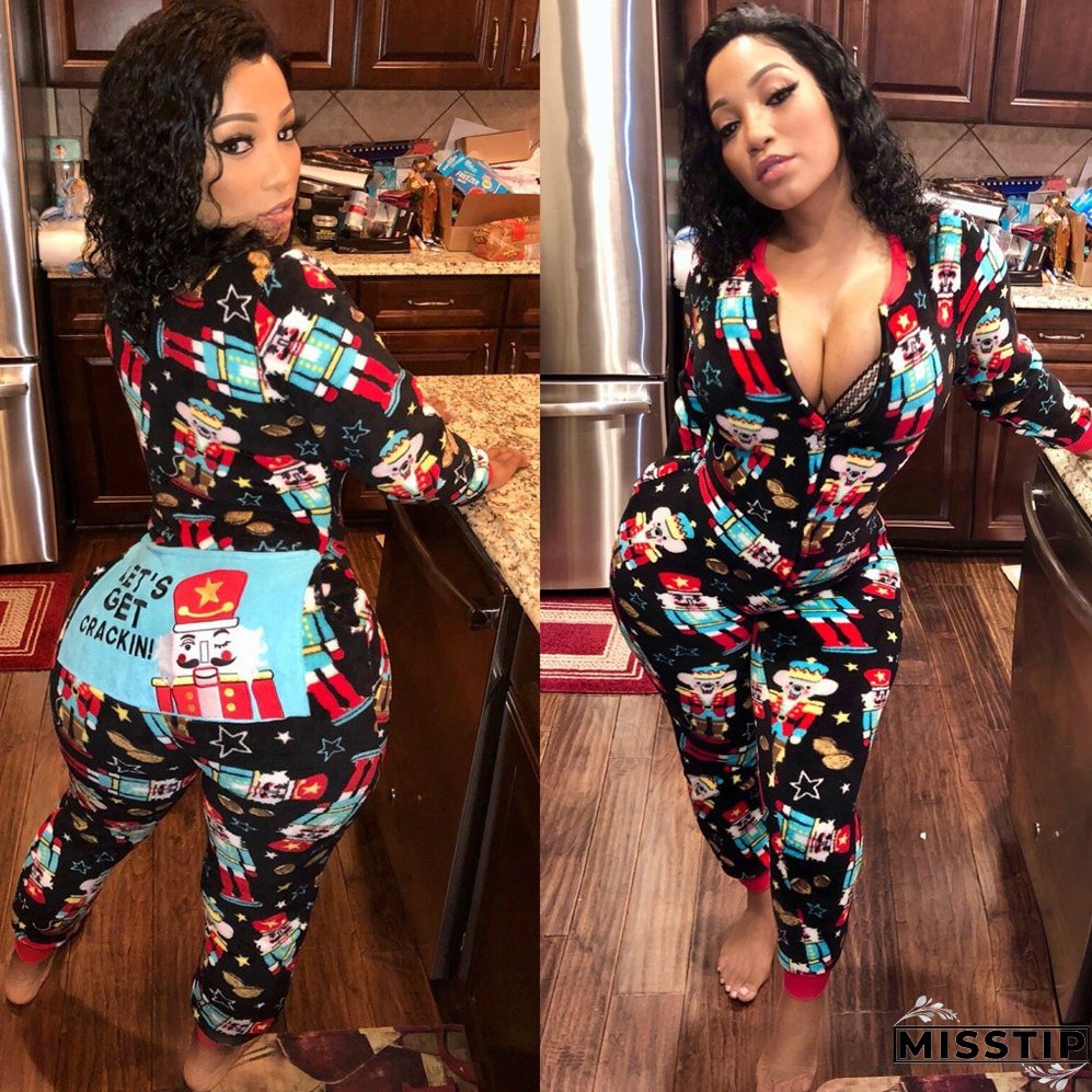 Christmas Women Printed Long Sleeve Jumpsuit