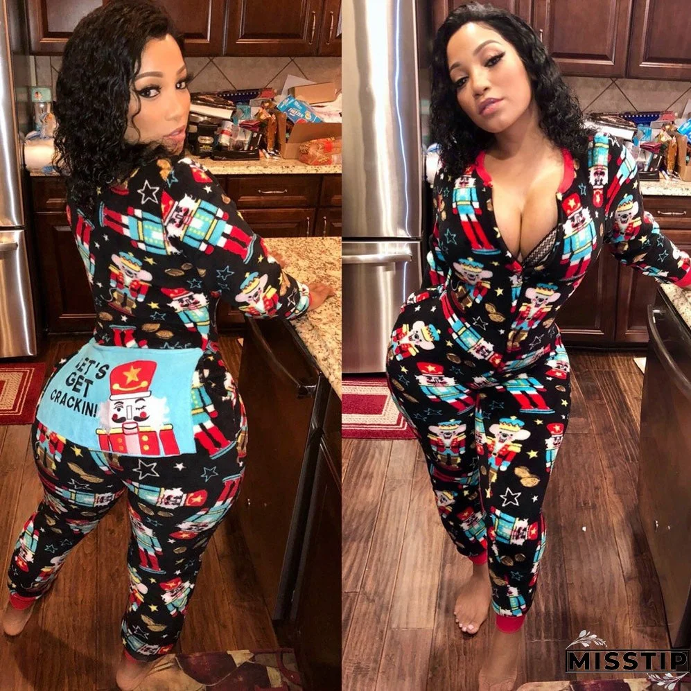 Christmas Women Printed Long Sleeve Jumpsuit