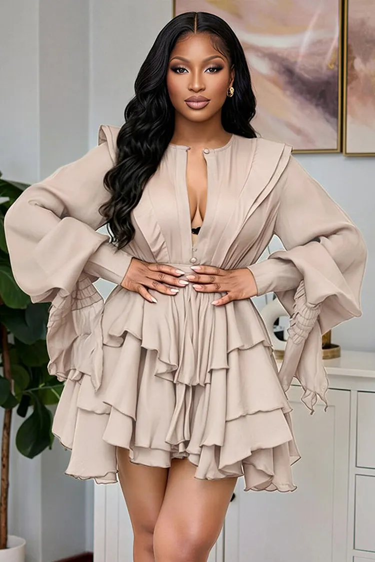layered ruffle sleeve dress Crew Neck Button Long Tiered Mini Dresses-Apricot [Pre Order] sku-34095SR-OLIVE