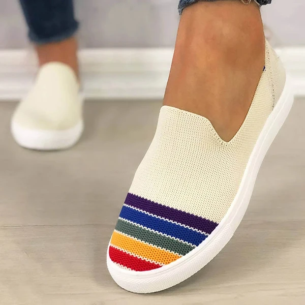 Women Comfy Flyknit Fabric Hit Color Rainbow Slip On Platform Loafers