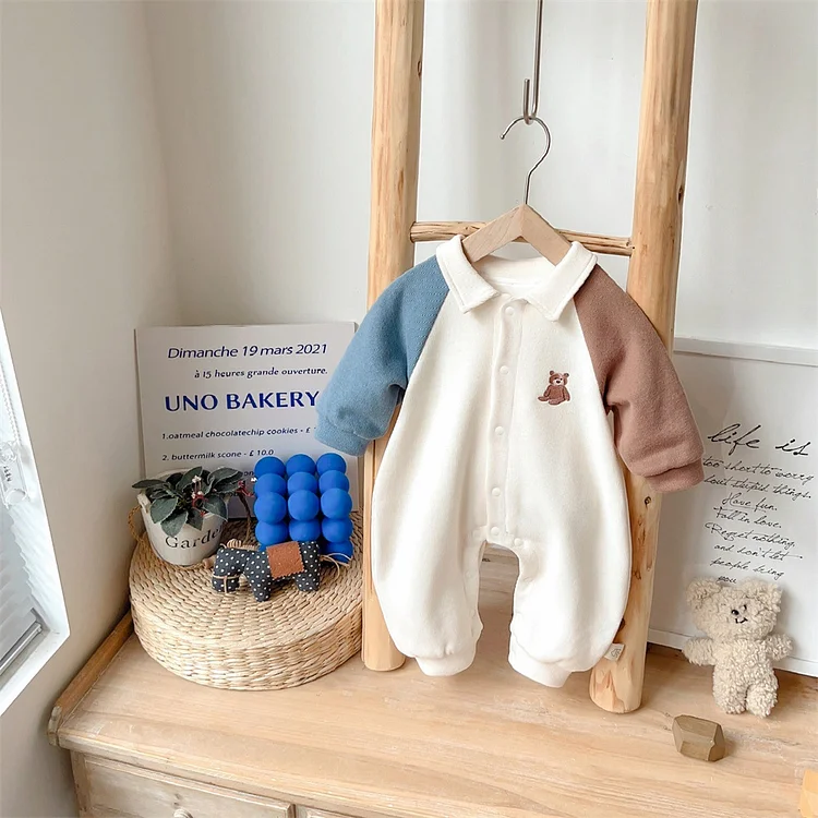 Baby Boy Bear Embroidery Block Color Long Sleeve Romper