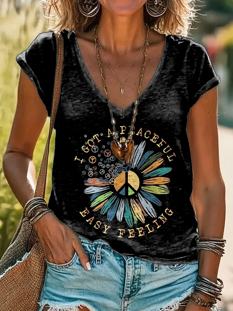 Women's Hippie Flower Art Print 100%Cotton V-neck T-Shirt