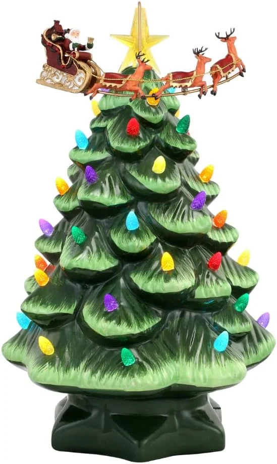 🔥kukelife🔥Mr. Christmas Nostalgic Ceramic Christmas Tree with LED, 14 Inches, Santa & Reindeer