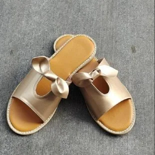 Yyvonne Large Summer Women's Flat-Bottomed Slippers Bow Decorated With Wide Strip Slippers Solid Flat Sandals