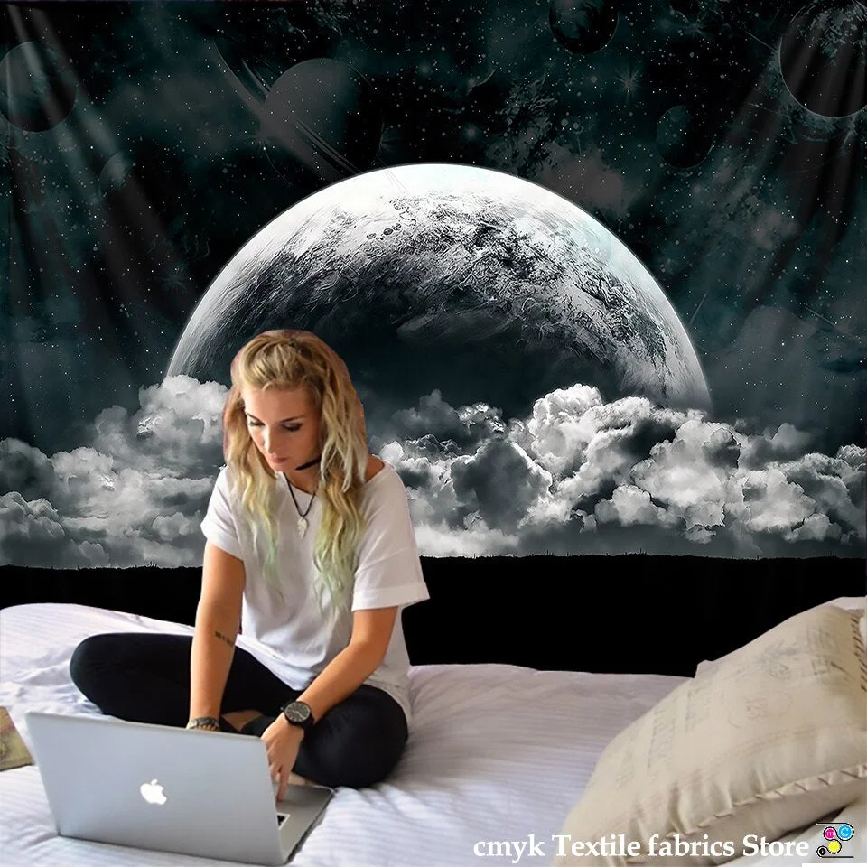 Black and White Moon Tapestry Starry Sky Printing Tapestry Wall Beach Blanket Picnic Yoga Mat Living Room Decor