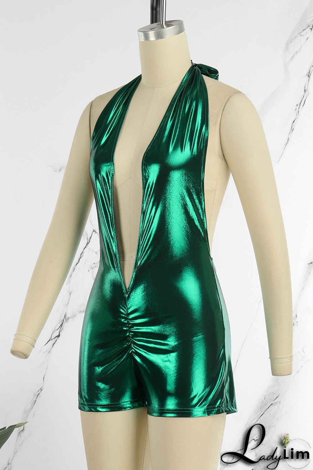 Fuchsia Sexy Solid Patchwork Backless Halter Skinny Jumpsuits