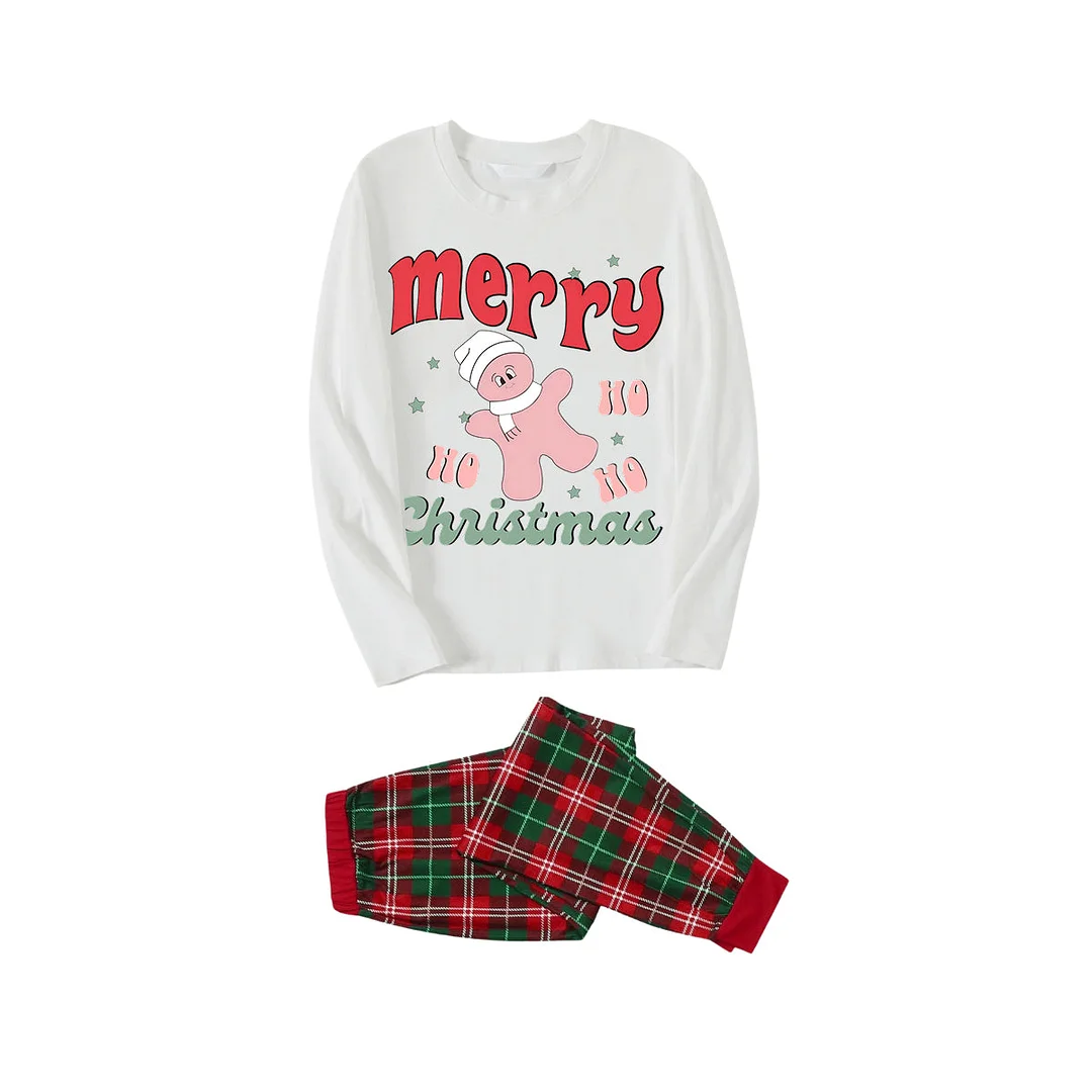 Merry Christmas Cute Cartoon Prints 2024 White Long Sleeve with White&Red&Green Plaid Pants Family Matching Pajamas