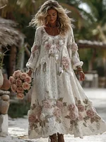 Women's Vintage Romantic White Rose Embroidery Art Comfy Knitted Maxi Dress