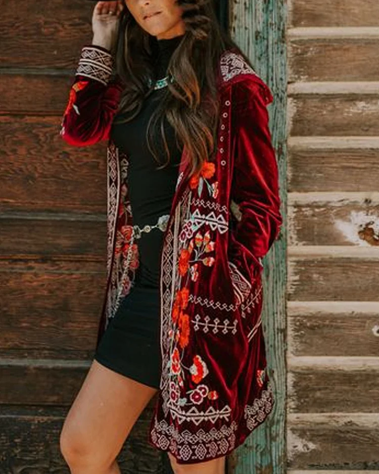 Velvet Embroidered Duster with Hoodie