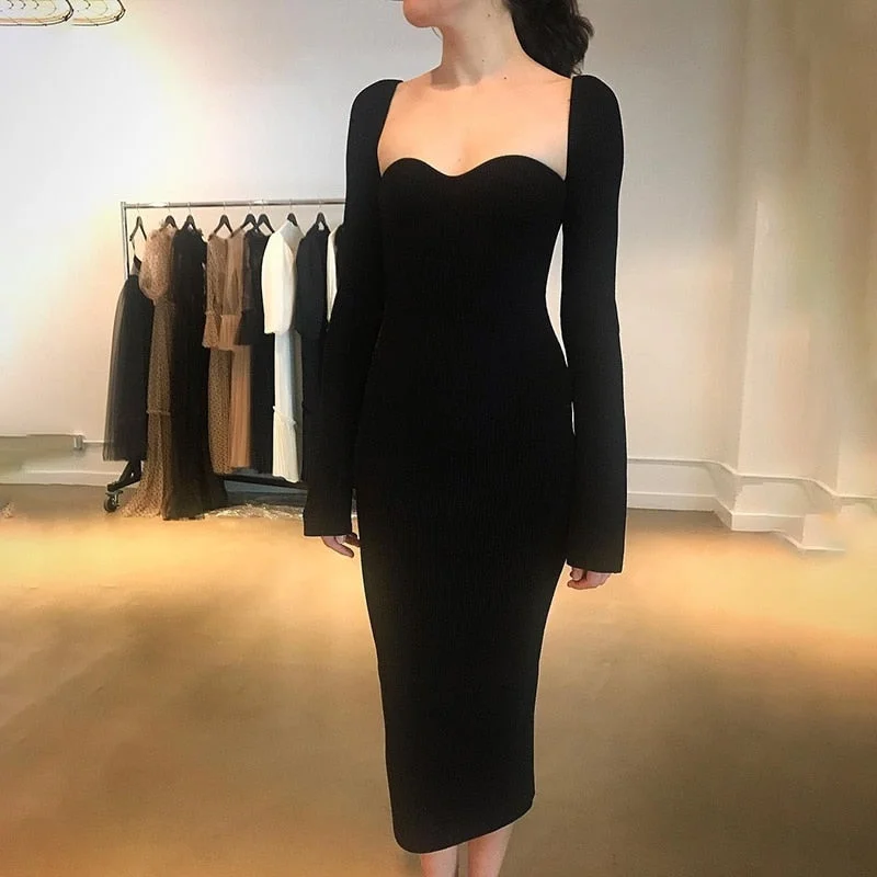 WannaThis Slash Neck Knitted Midi Dress For Women Sexy Black Elegant Party Wear Long Sleeve Bodycon Fashion Dresses Autumn 2021