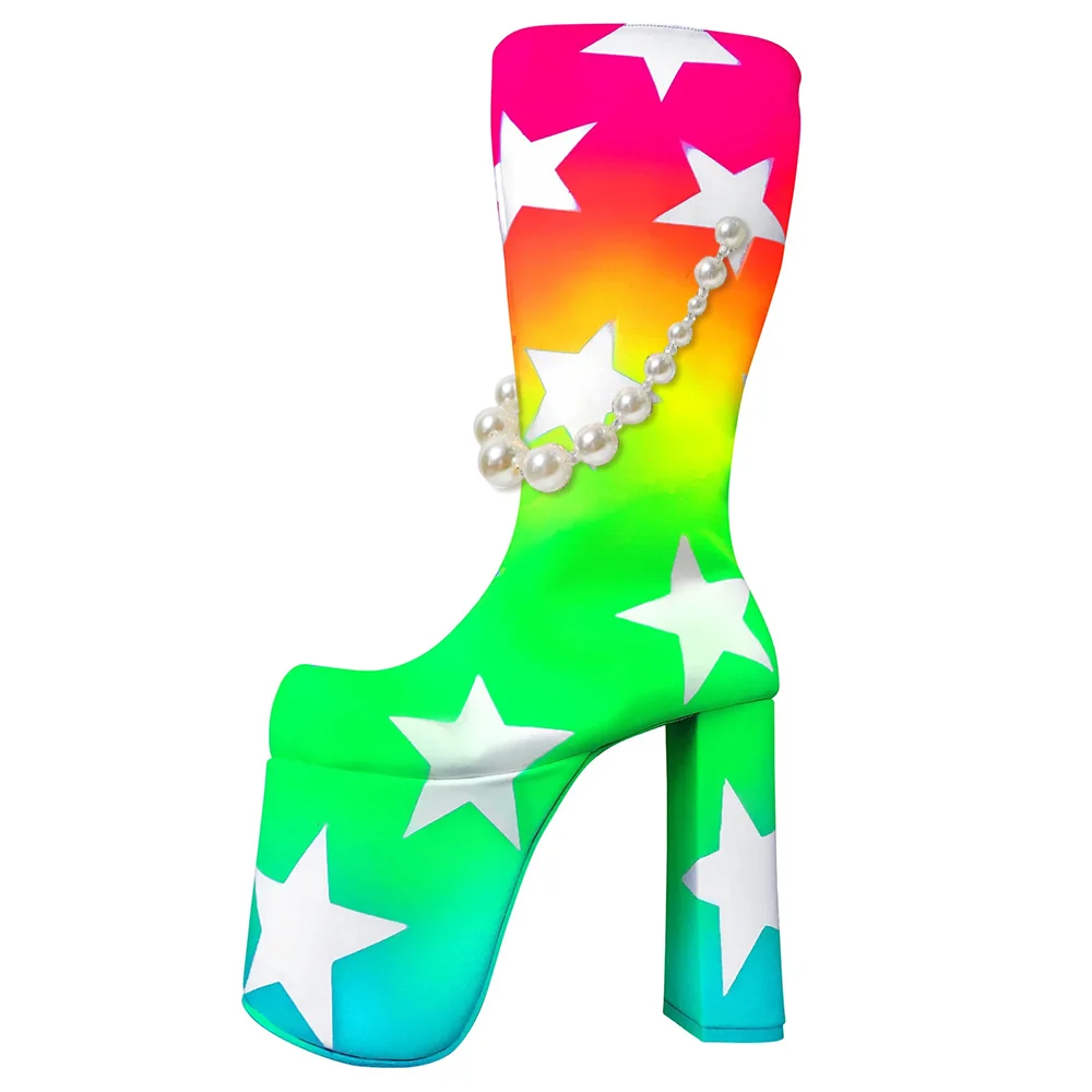 Gradient Boots With Platform Pearl Chain Decor Chunky Heels Nicepairs