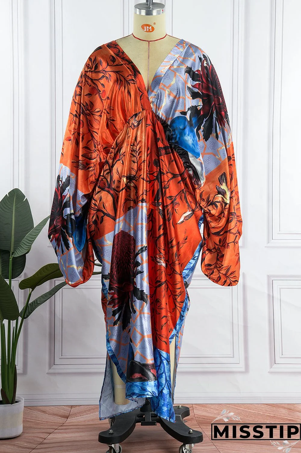 Red Gray Casual Print Patchwork V Neck Irregular Dress Plus Size Dresses