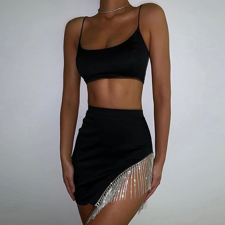 Women's Sexy 2 Pcs Party Clubwear Outfits Spaghetti Straps Crop Top Camis+ Sequin Diamond Tassel Skirt 2022 Summer Bodycon Sets - Shop Trendy Women's Clothing | LoverChic