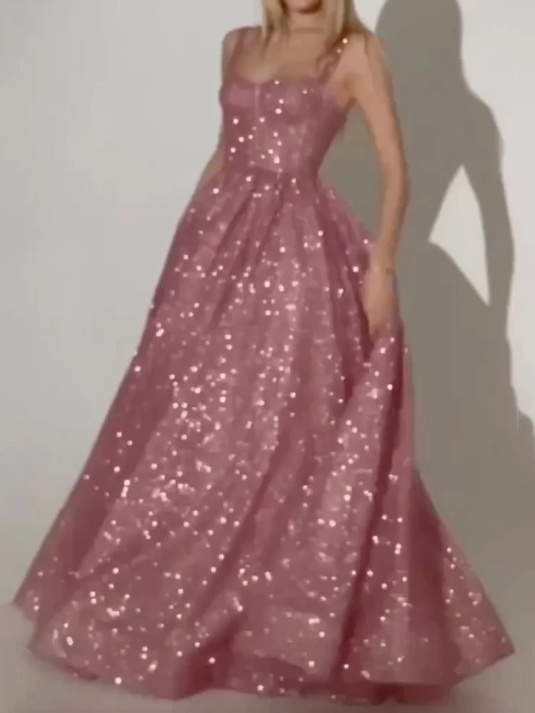 Sleeveless Spaghetti-Neck Shiny Sequinned Mesh Maxi Dresses Party Dresses