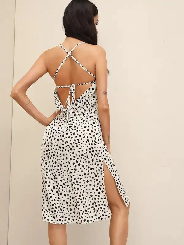 Dalmatian Print Criss-Cross Tie Back Split Hem Dress