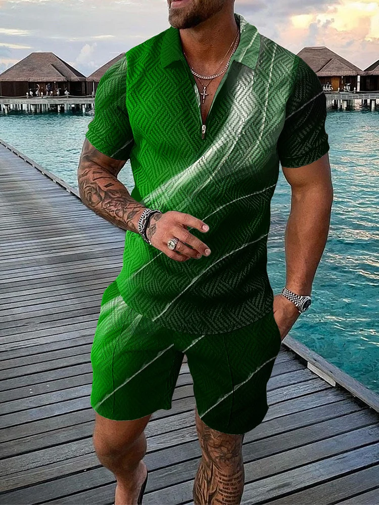 Men's Tie-Dye Zip Polo Shirt and Shorts Two-Piece Suits