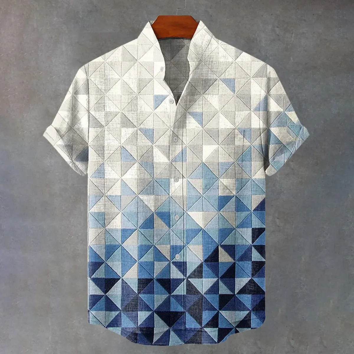 Vintage Blue Gradient Geometric Grid Print Casual Shirt  artssus