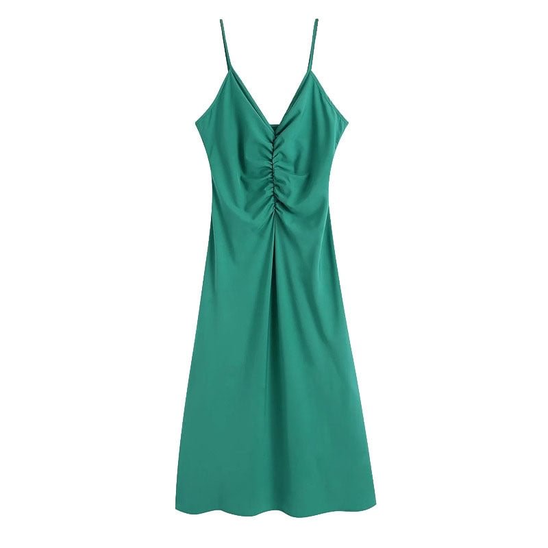 TRAF Women Chic Fashion With Gathered Midi Dress Vintage V Neck Adjustable Straps Female Dresses Vestidos Mujer