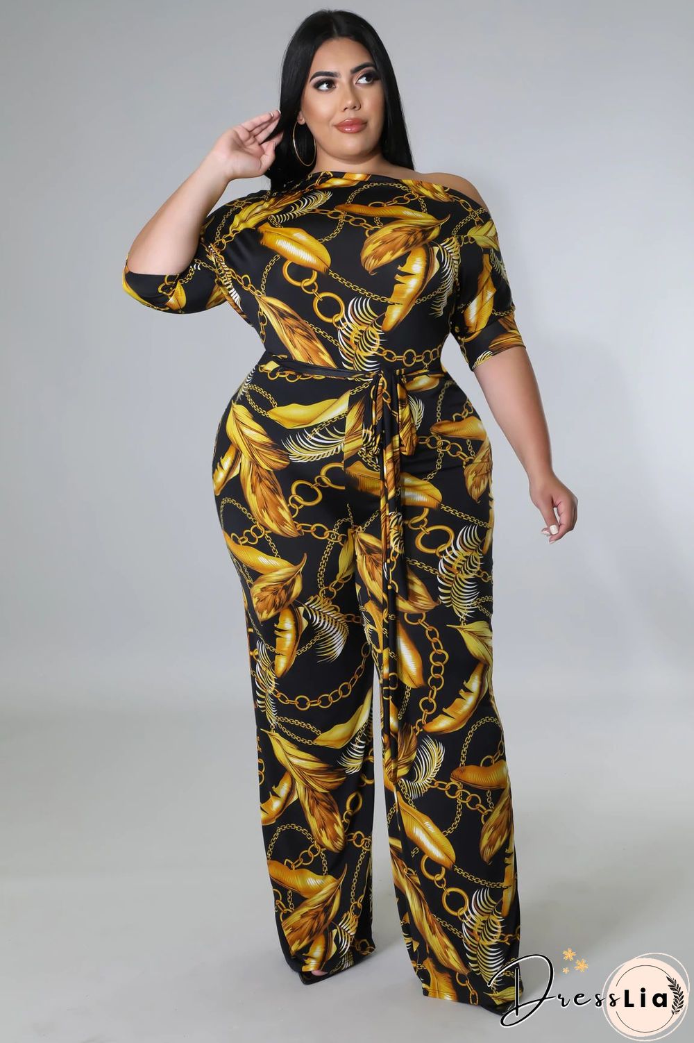 Off-the-shoulder Printed Plus Size Wide Leg Jumpsuit