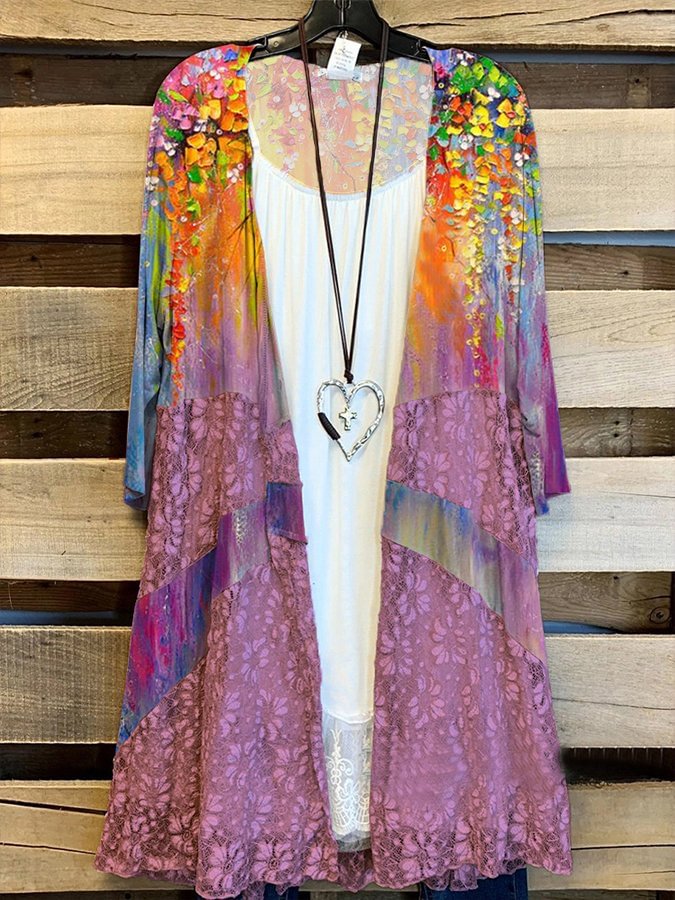 Women's Oil Painting Print Panel Lace Casual Cardigan