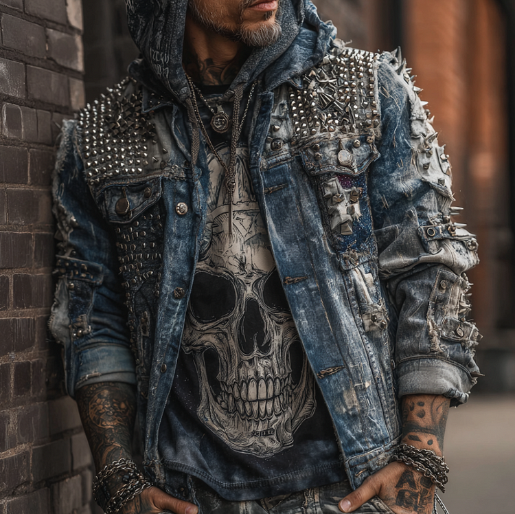 Rock Punk Skull Rivet Element Retro Distressed Heavy-duty Men's Denim Jacket