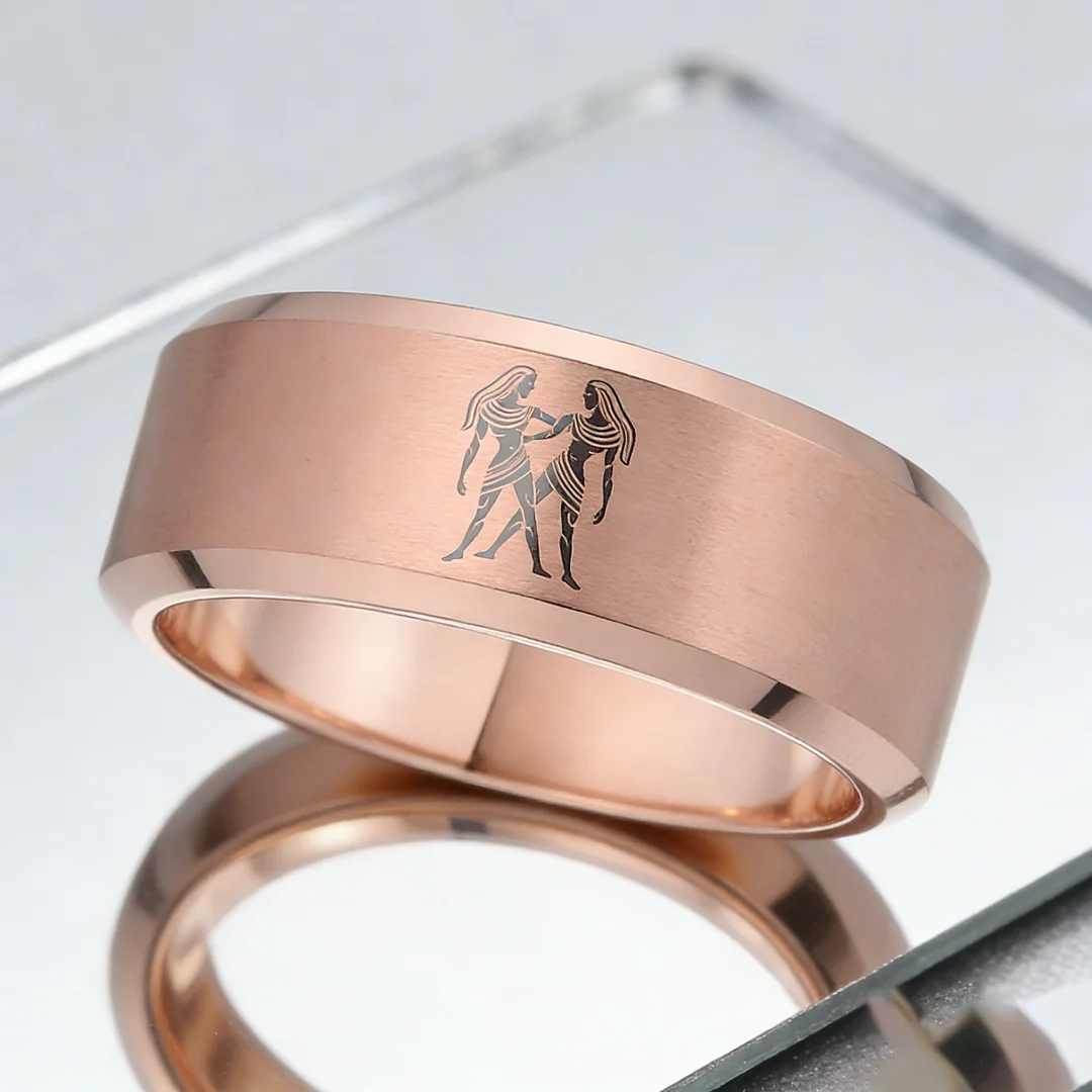 Rose Gold Gemini Tungsten Carbide Rings Beveled Edges Rose Gold Laser Etched Couple Wedding Bands 4MM 6MM 8MM Width