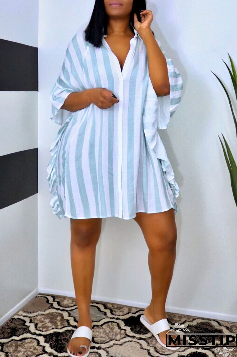 Light Blue Fashion Casual Striped Print Patchwork Turndown Collar Shirt Dress Dresses
