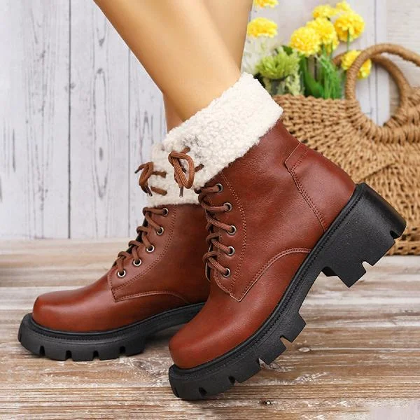 Women's Casual Fur Collar Cuffed Thick-Soled Boots