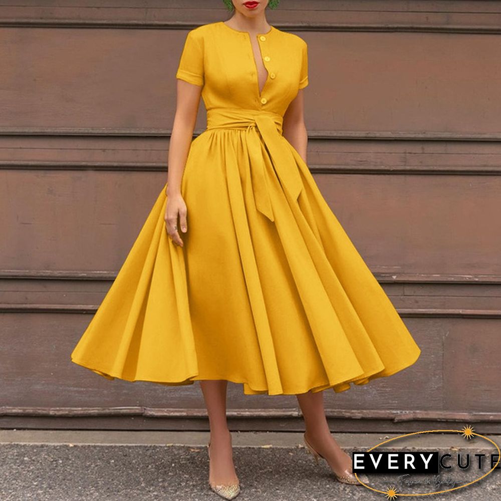 Retro Women Summer Sexy Short Sleeve Long Shirt Dress Party Elegant Big Swing Pleated Maxi Sundress