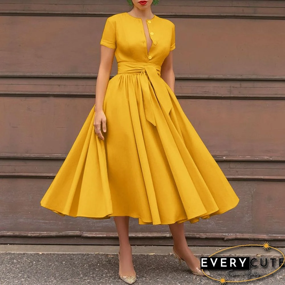 Retro Women Summer Sexy Short Sleeve Long Shirt Dress Party Elegant Big Swing Pleated Maxi Sundress